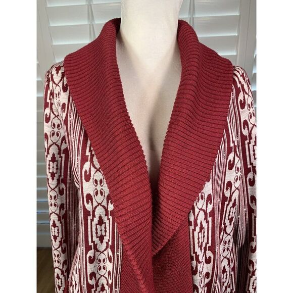 Vtg 1950s Dimonelli Maroon Geo Print Open Front Cardigan M Ribbed Pockets Prop - Picture 5 of 12
